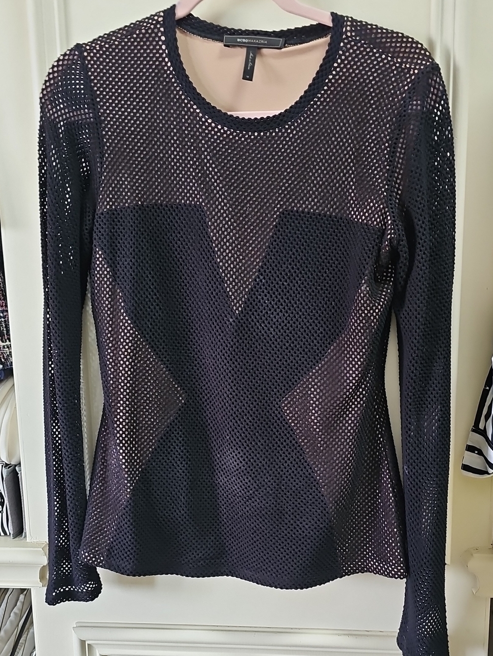 BCBGMaxAzria Black Sheer Mesh Long-Sleeve Tee with Nude Lining